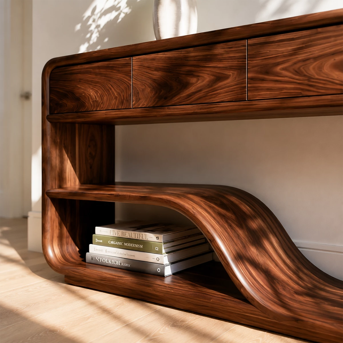 Natural Solid Wood Console Table with Four Drawers Modern Sculptural Style