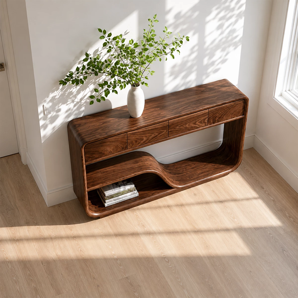 Natural Solid Wood Console Table with Four Drawers Modern Sculptural Style
