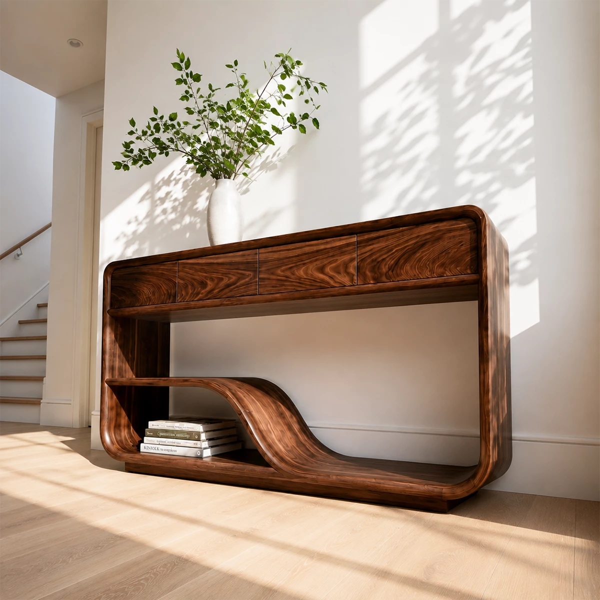 Natural Solid Wood Console Table with Four Drawers Modern Sculptural Style
