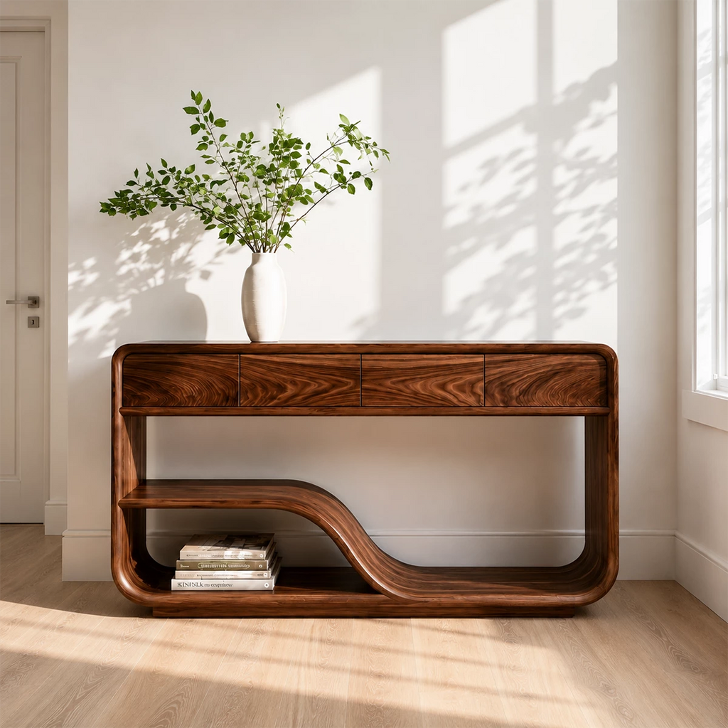 Natural Solid Wood Console Table with Four Drawers Modern Sculptural Style