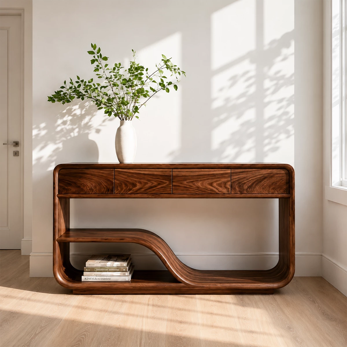 Natural Solid Wood Console Table with Four Drawers Modern Sculptural Style
