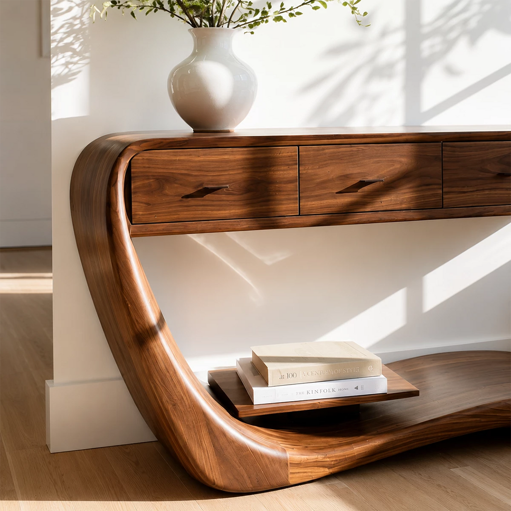 Natural Solid Wood Console Table with Four Drawers Sculptural Cantilever Style