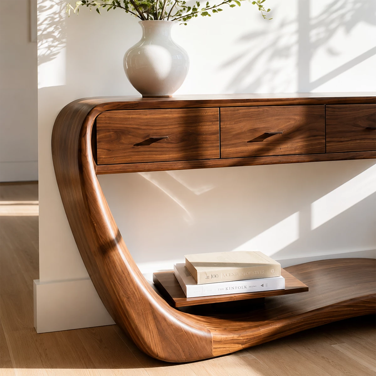 Natural Solid Wood Console Table with Four Drawers Sculptural Cantilever Style