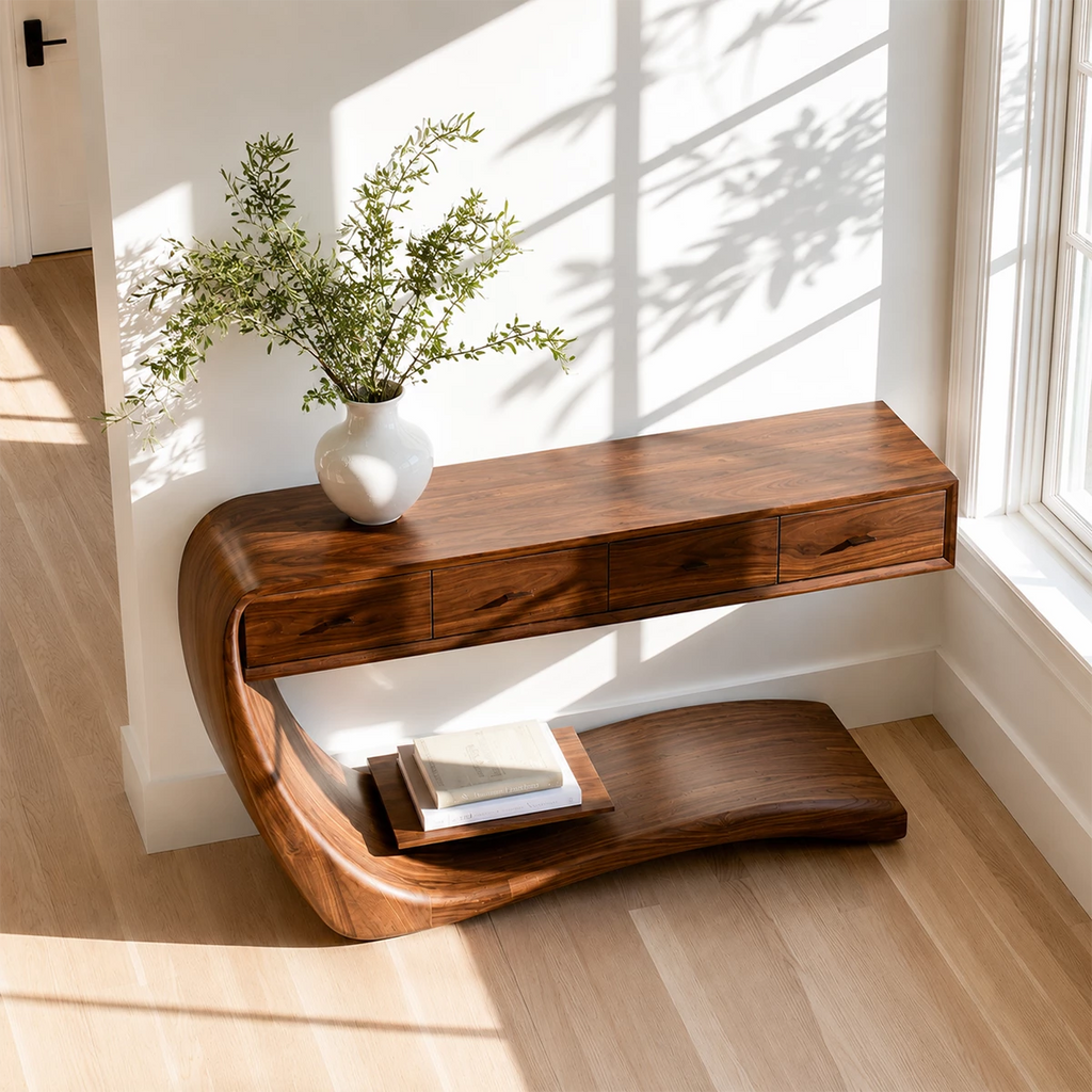 Natural Solid Wood Console Table with Four Drawers Sculptural Cantilever Style