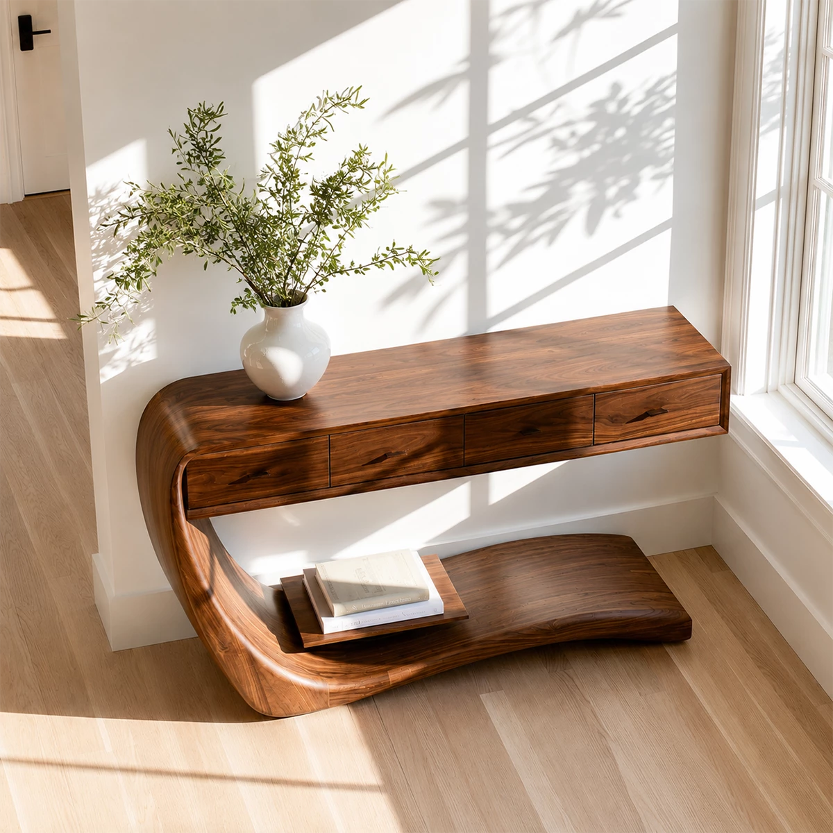 Natural Solid Wood Console Table with Four Drawers Sculptural Cantilever Style