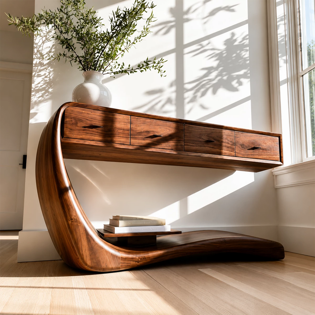 Natural Solid Wood Console Table with Four Drawers Sculptural Cantilever Style