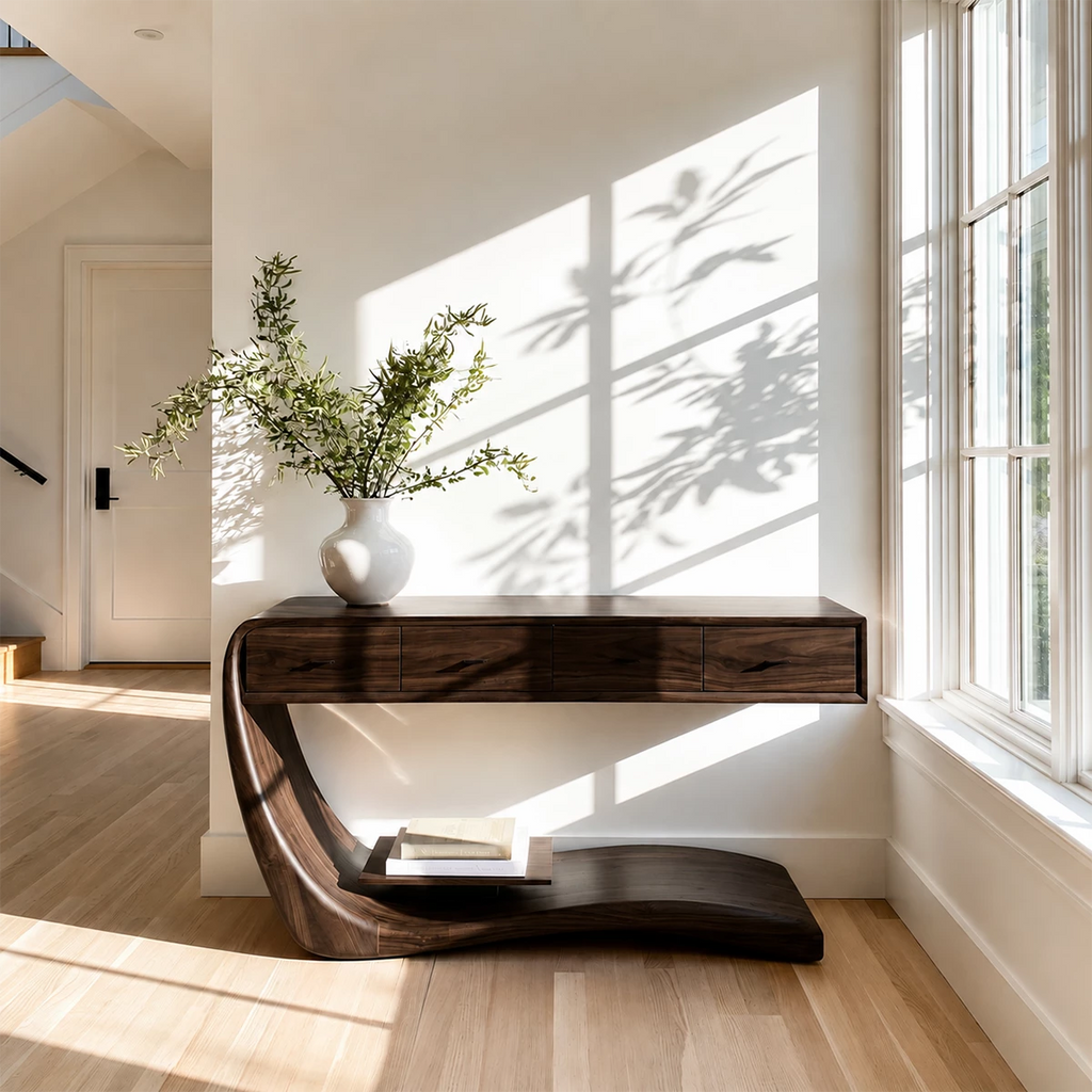 Natural Solid Wood Console Table with Four Drawers Sculptural Cantilever Style