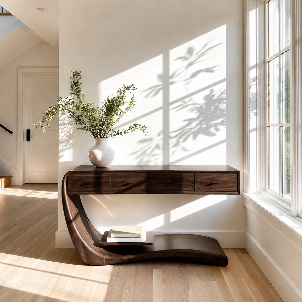 Natural Solid Wood Console Table with Four Drawers Sculptural Cantilever Style