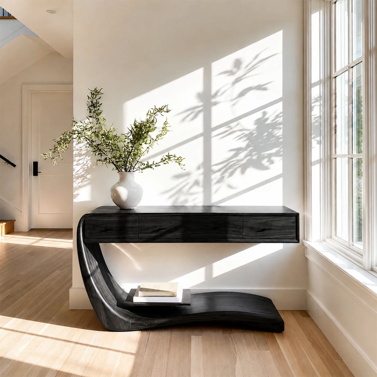 Natural Solid Wood Console Table with Four Drawers Sculptural Cantilever Style