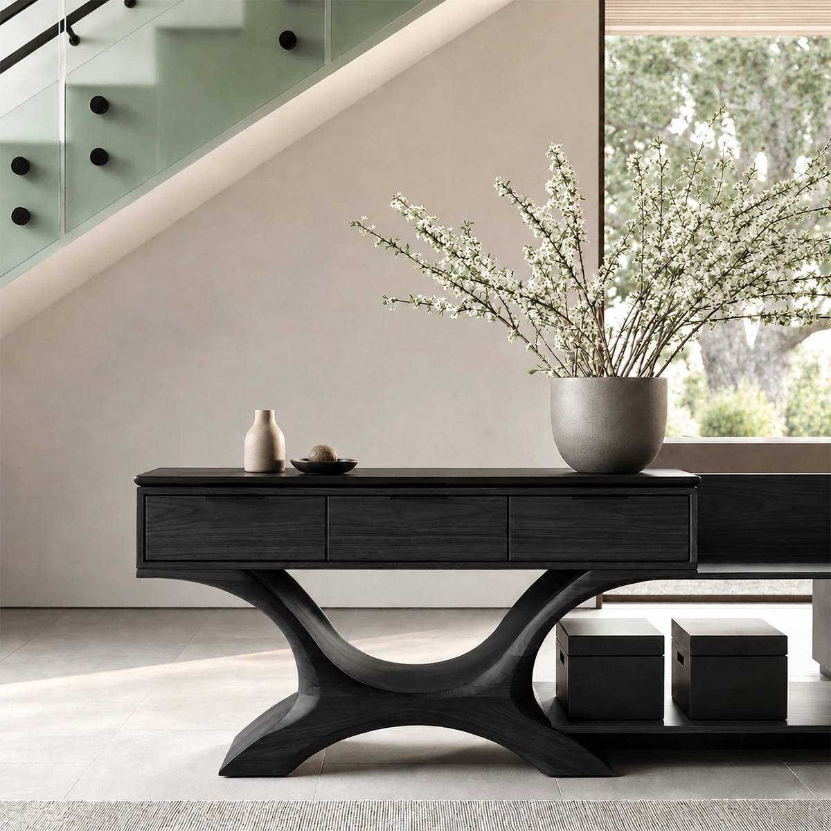 Natural Solid Wood Console Table with Three Drawers Sculptural Modern Style