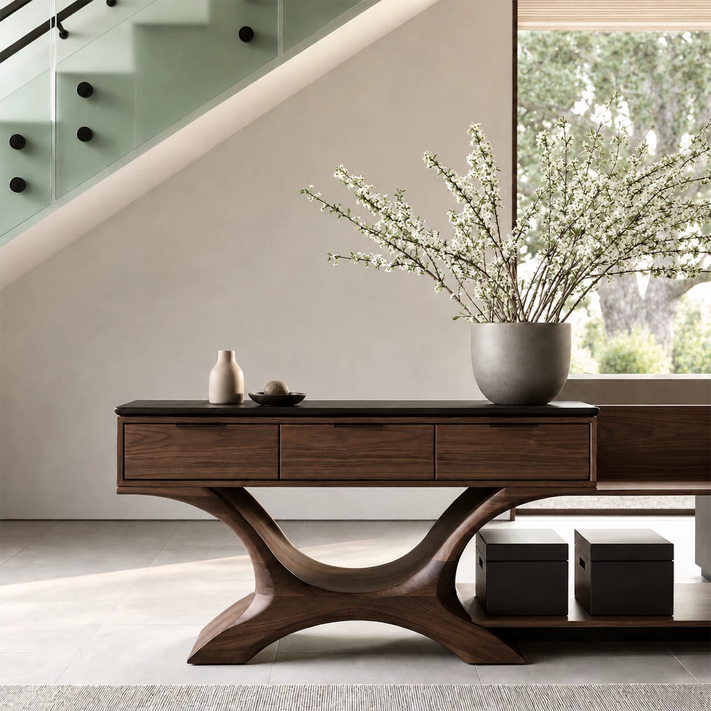 Natural Solid Wood Console Table with Three Drawers Sculptural Modern Style