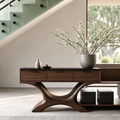 Natural Solid Wood Console Table with Three Drawers Sculptural Modern Style