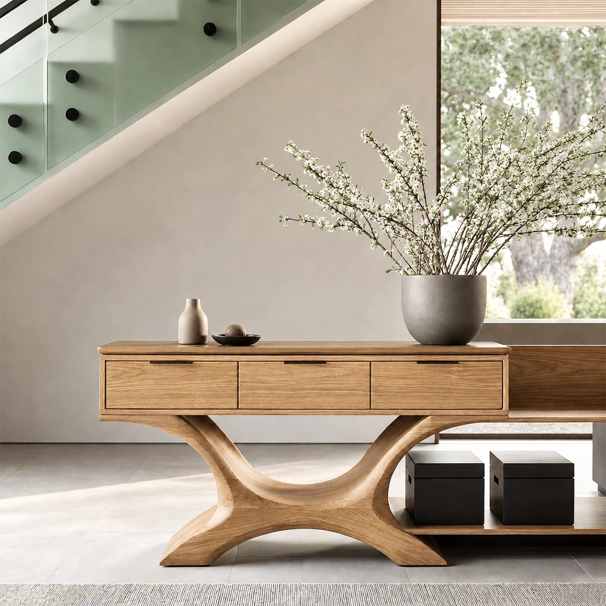 Natural Solid Wood Console Table with Three Drawers Sculptural Modern Style