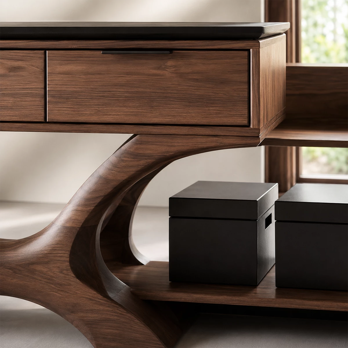 Natural Solid Wood Console Table with Three Drawers Sculptural Modern Style