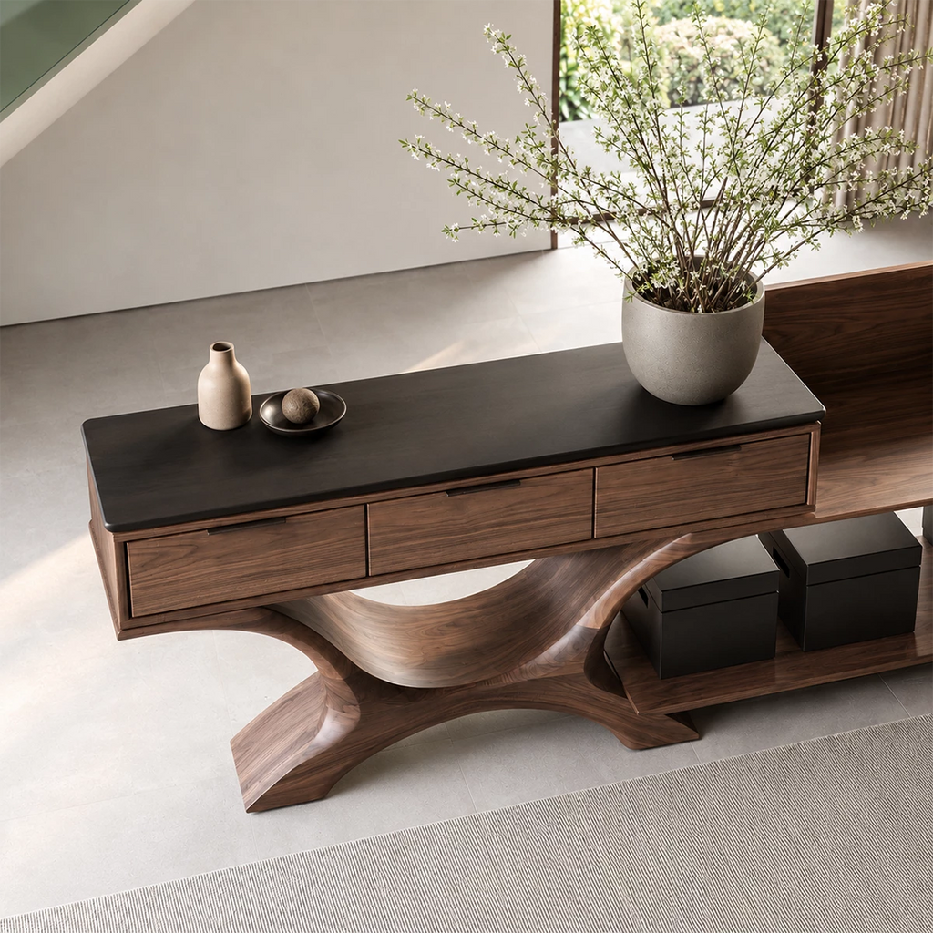 Natural Solid Wood Console Table with Three Drawers Sculptural Modern Style