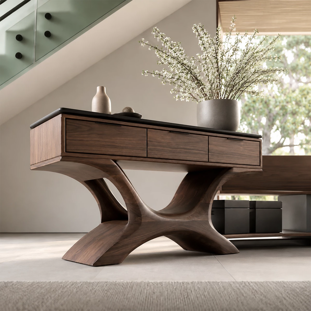 Natural Solid Wood Console Table with Three Drawers Sculptural Modern Style