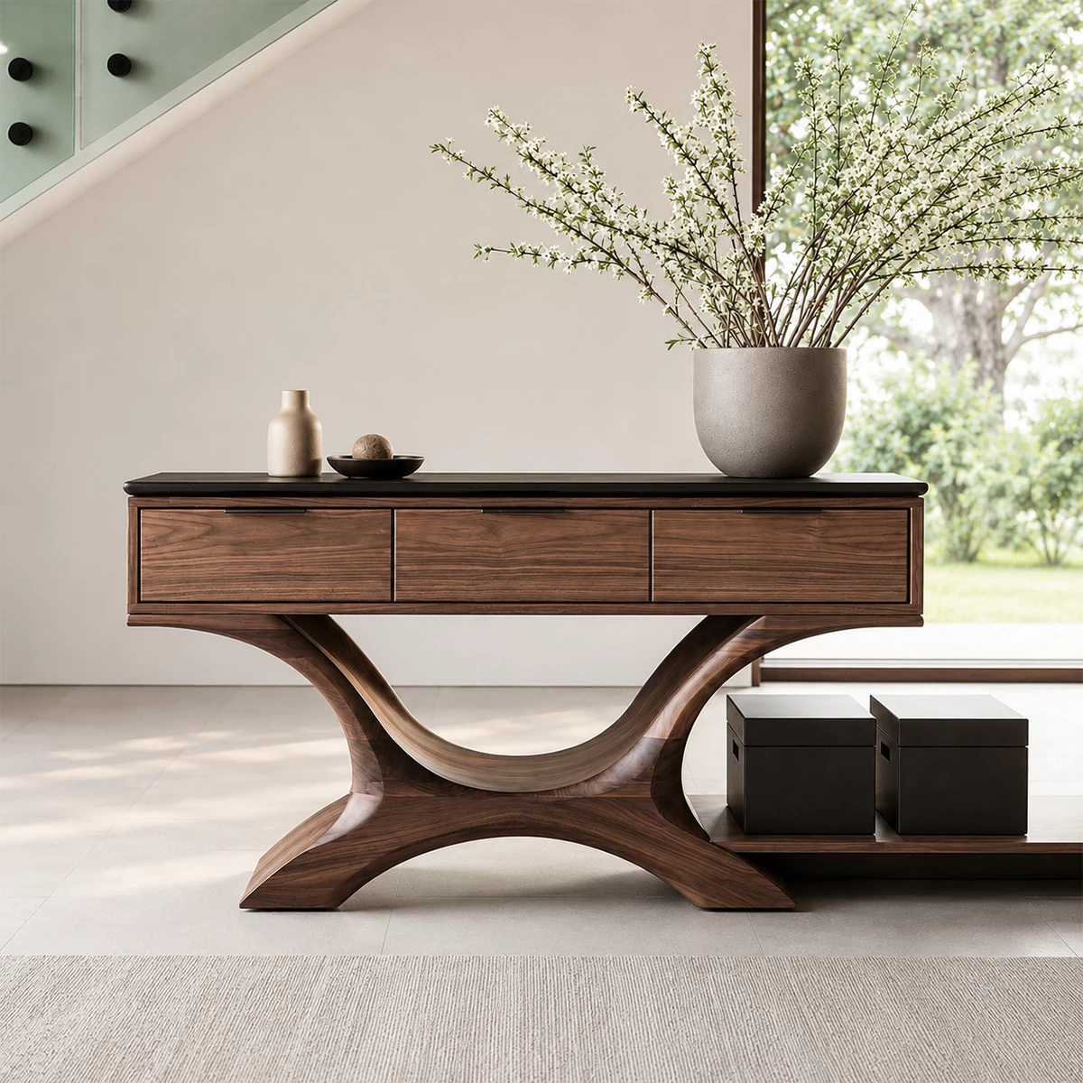Natural Solid Wood Console Table with Three Drawers Sculptural Modern Style