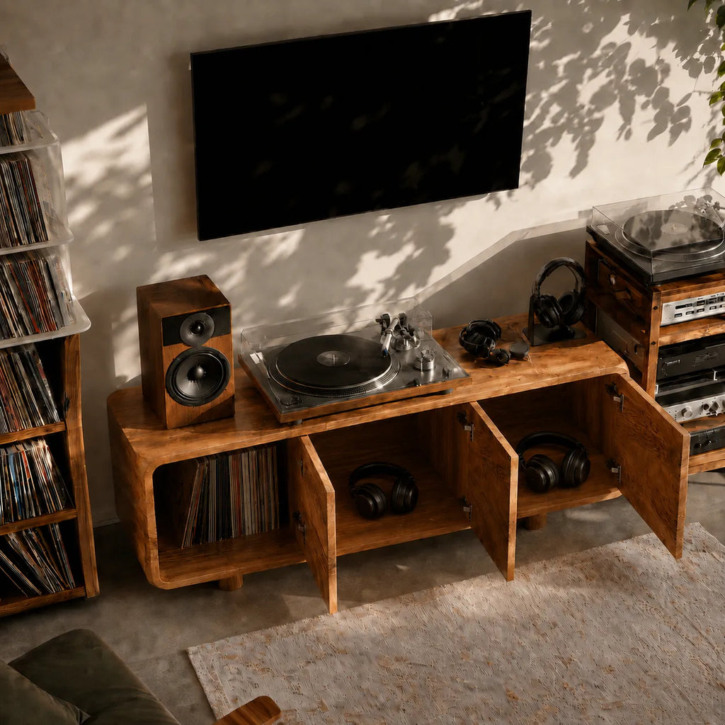 Wave Carved Natural Solid Wood TV Stand with Concealed Storage Doors