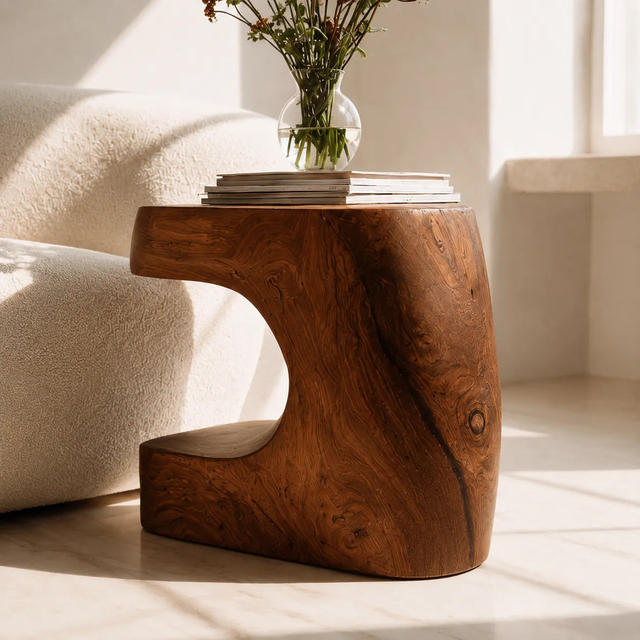 Natural Solid Wood Side Table with Sculptural Open Base