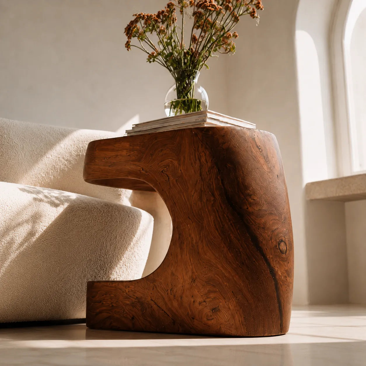 Natural Solid Wood Side Table with Sculptural Open Base