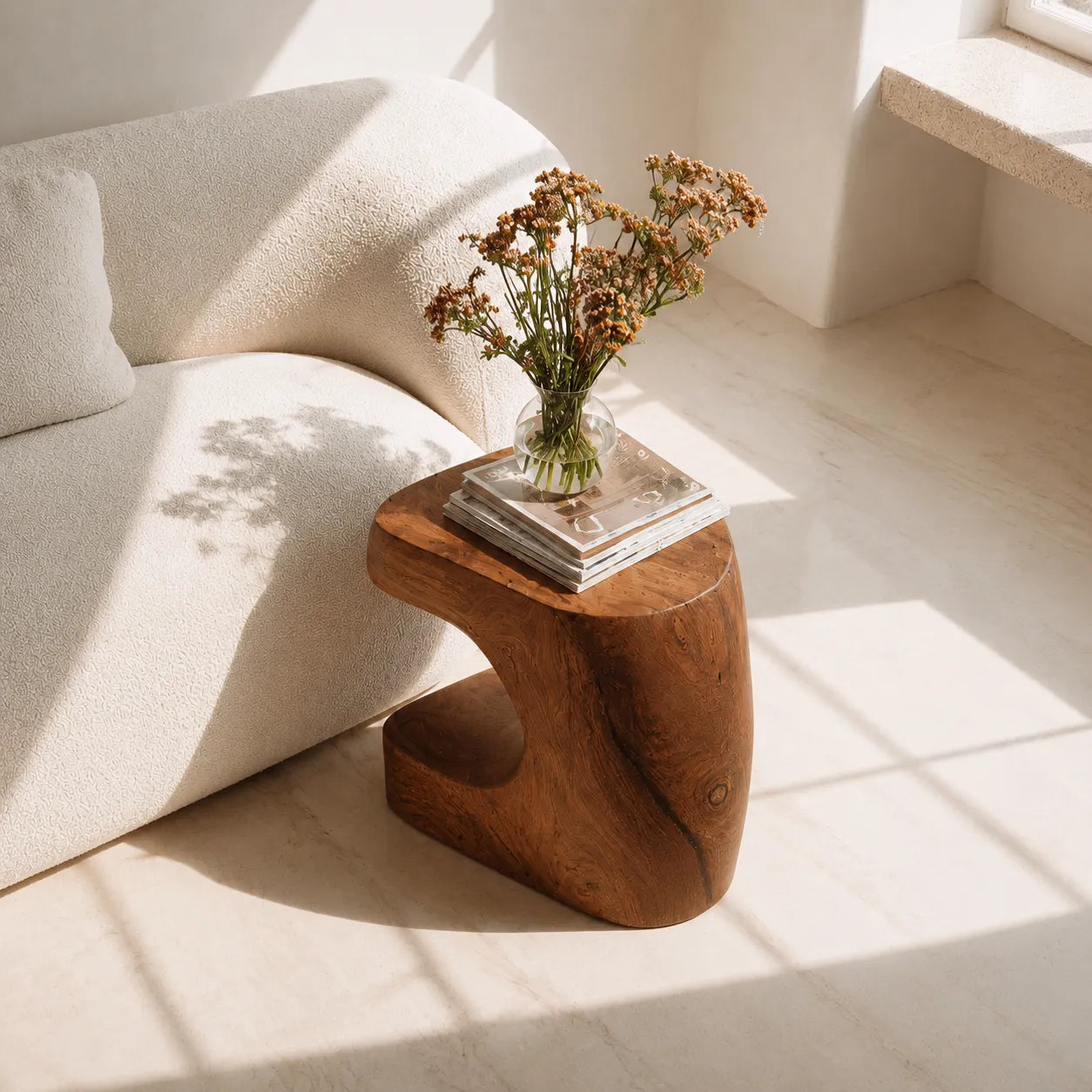 Natural Solid Wood Side Table with Sculptural Open Base