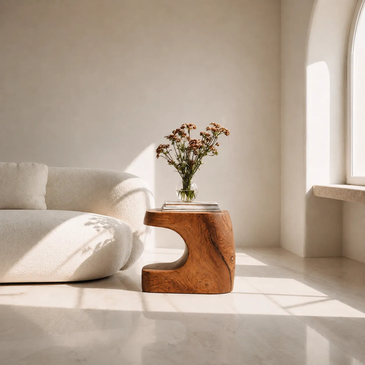 Natural Solid Wood Side Table with Sculptural Open Base