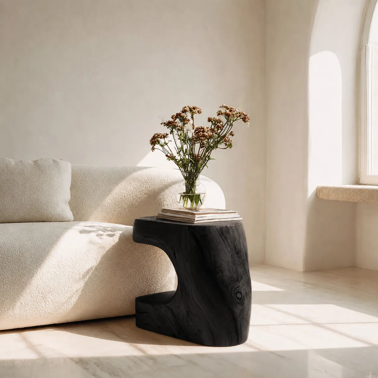 Natural Solid Wood Side Table with Sculptural Open Base