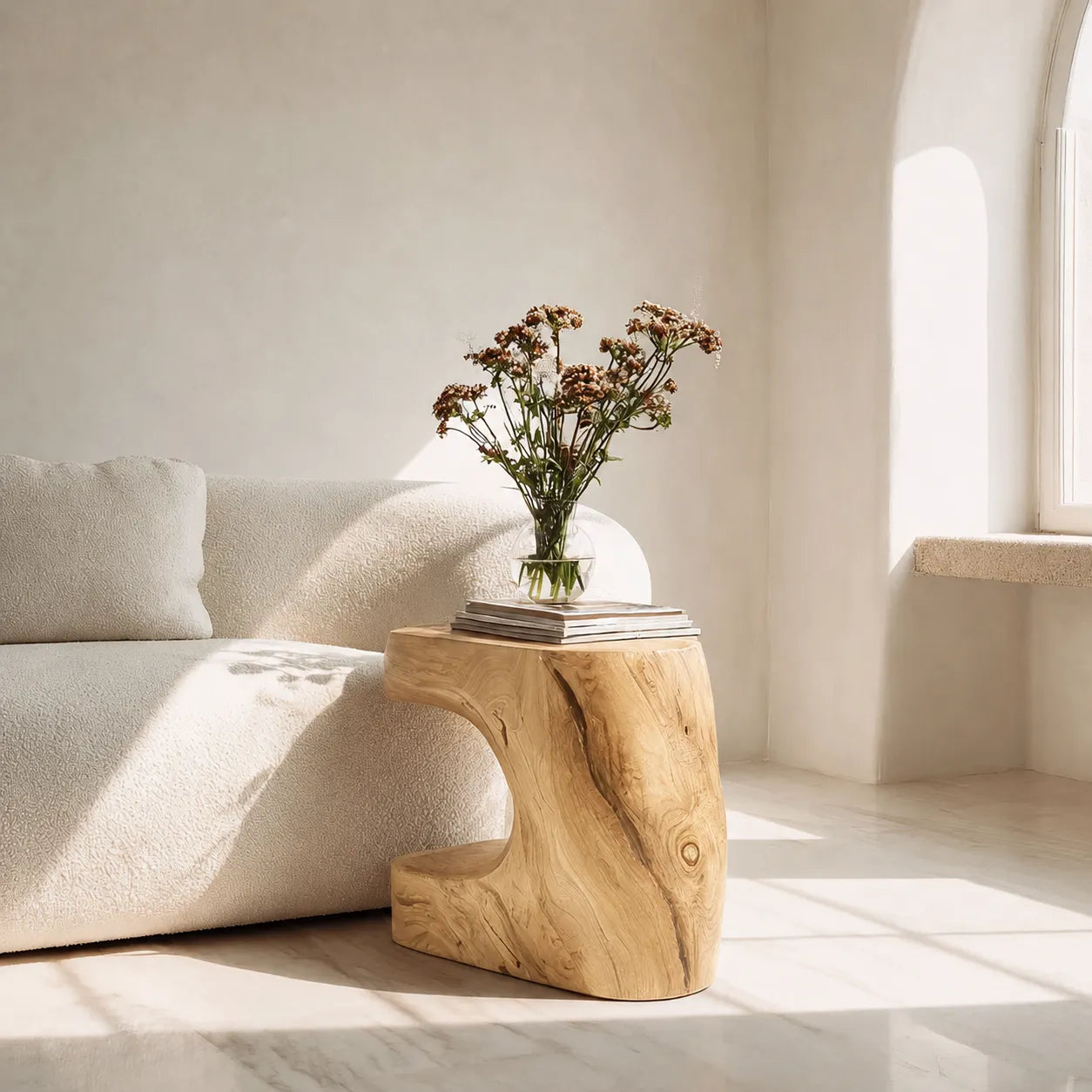 Natural Solid Wood Side Table with Sculptural Open Base