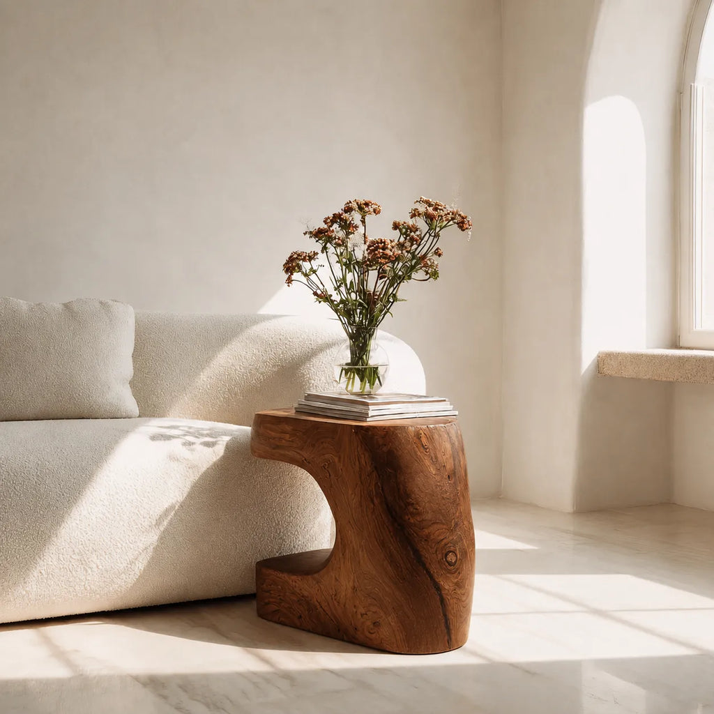 Natural Solid Wood Side Table with Sculptural Open Base