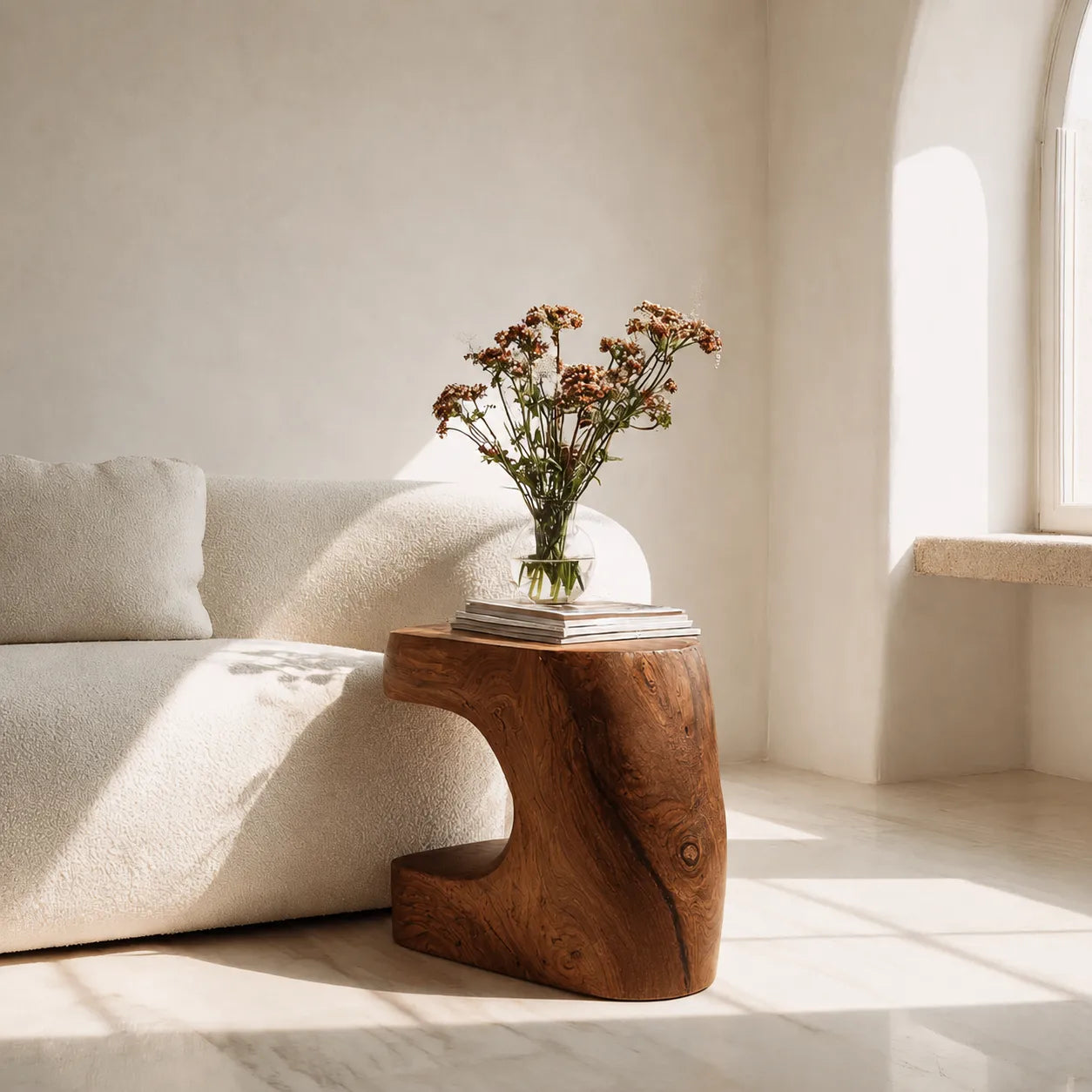 Natural Solid Wood Side Table with Sculptural Open Base