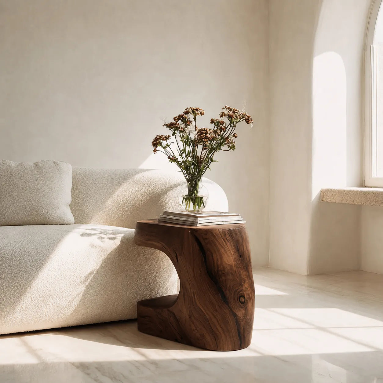 Natural Solid Wood Side Table with Sculptural Open Base