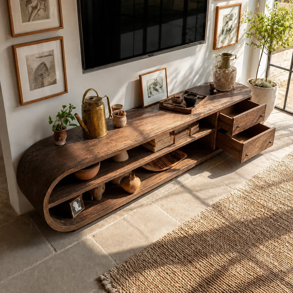 Rounded Natural Solid Wood TV Stand with Open Shelves and Side Drawers
