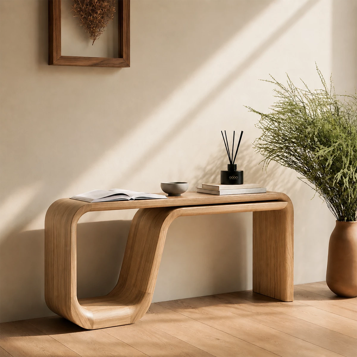 Natural Solid Wood Console Table Sculptural Double Loop Modern Style