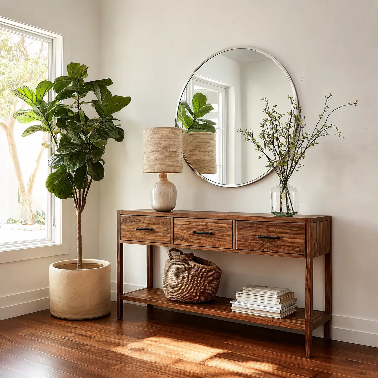 Natural Solid Wood Console Table with 3 Drawers and Open Shelf