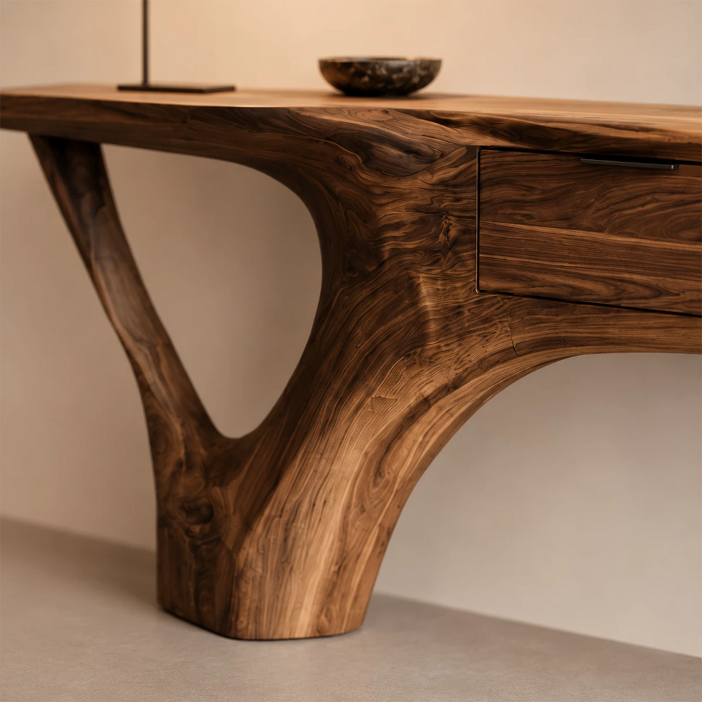 Natural Solid Wood Console Table with Three Drawers Sculptural Cantilever Style