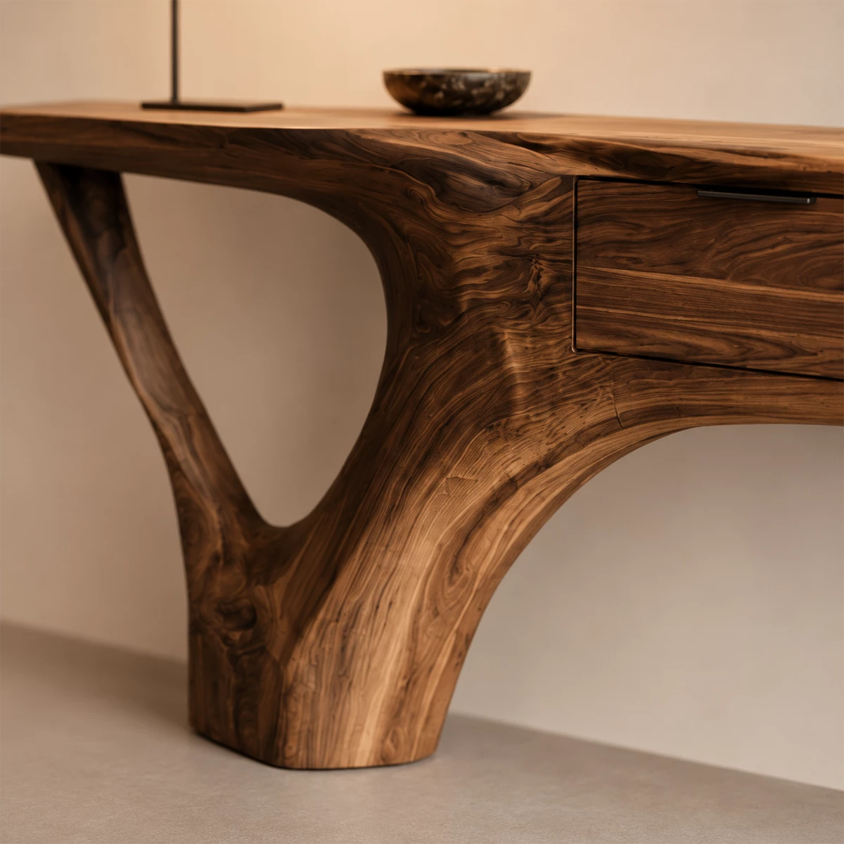 Natural Solid Wood Console Table with Three Drawers Sculptural Cantilever Style