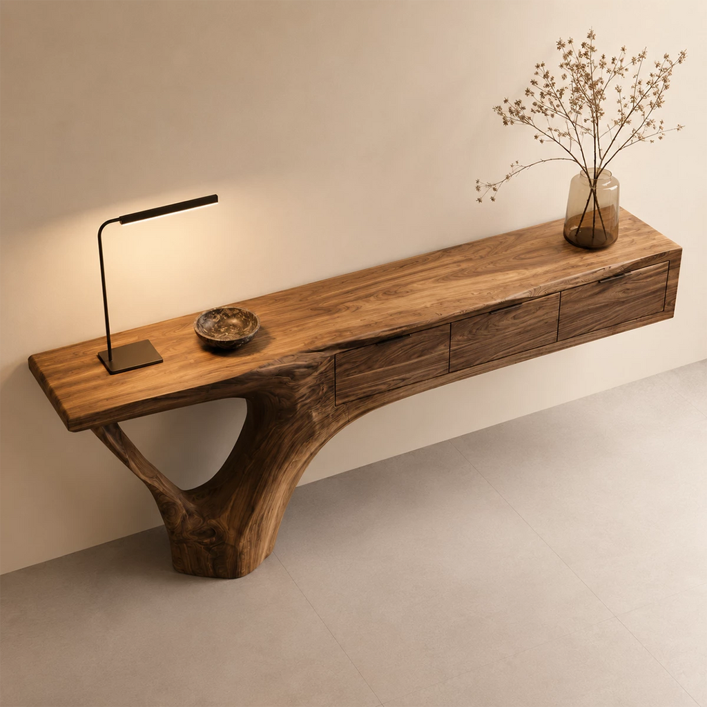 Natural Solid Wood Console Table with Three Drawers Sculptural Cantilever Style