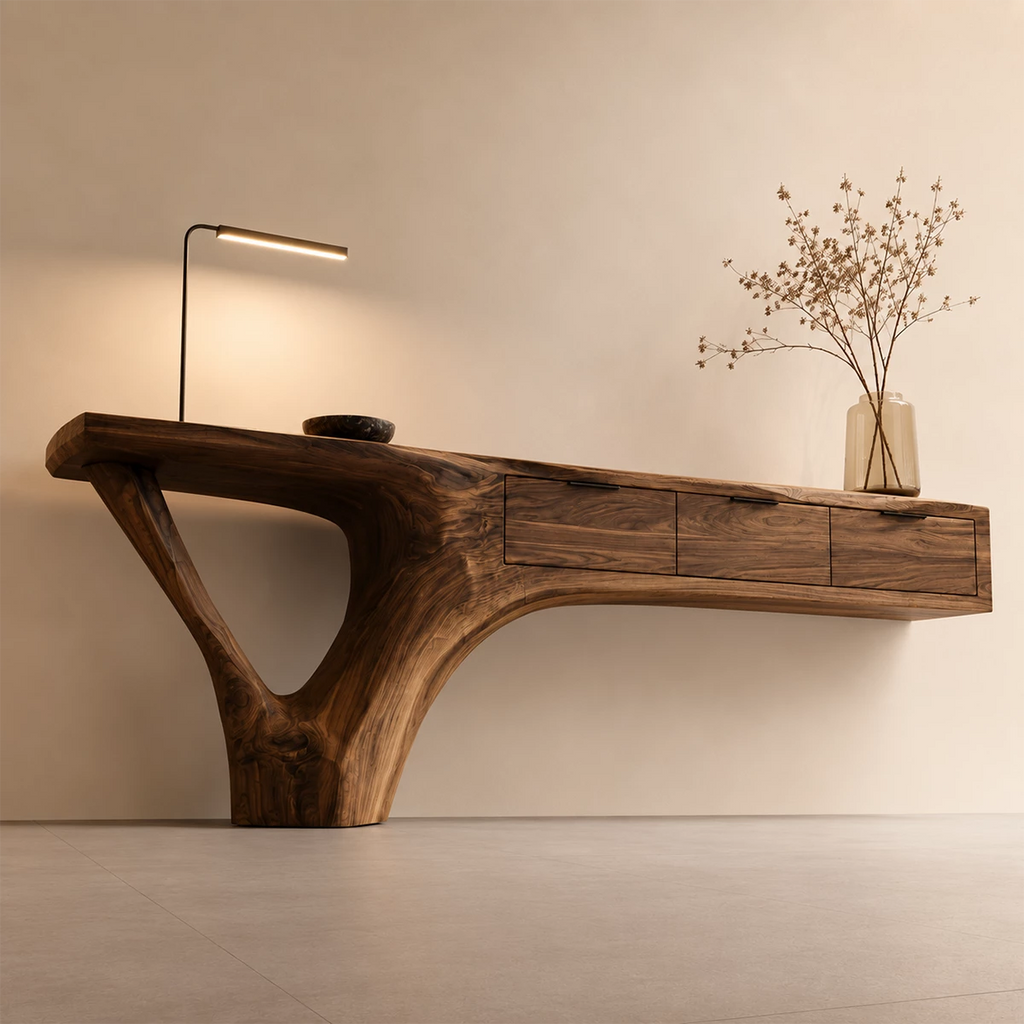 Natural Solid Wood Console Table with Three Drawers Sculptural Cantilever Style