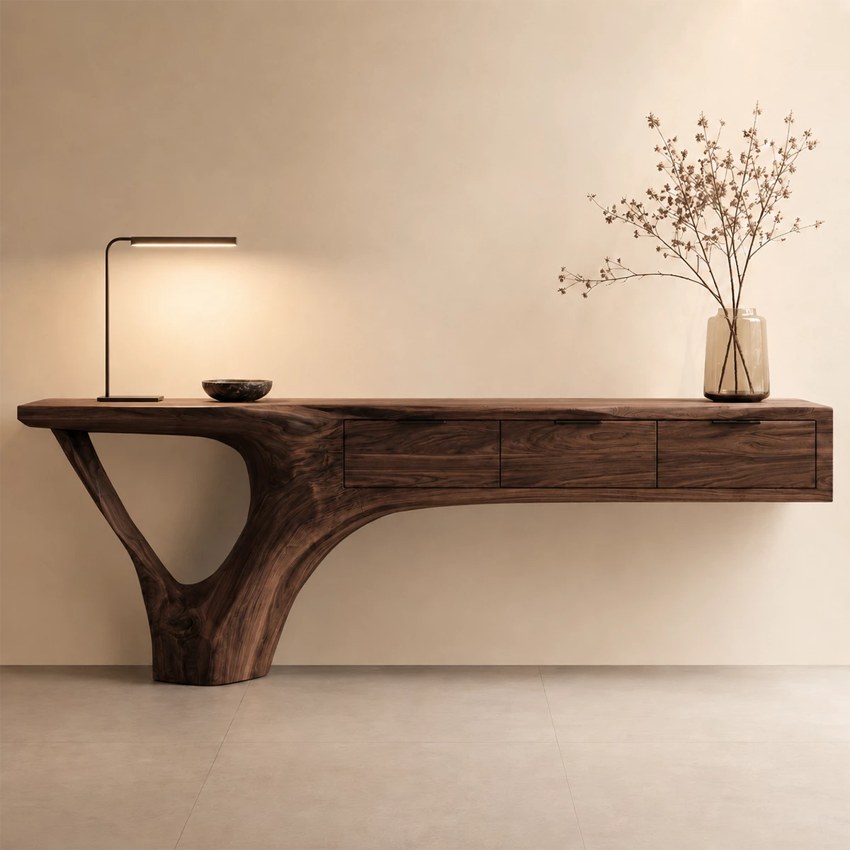 Natural Solid Wood Console Table with Three Drawers Sculptural Cantilever Style