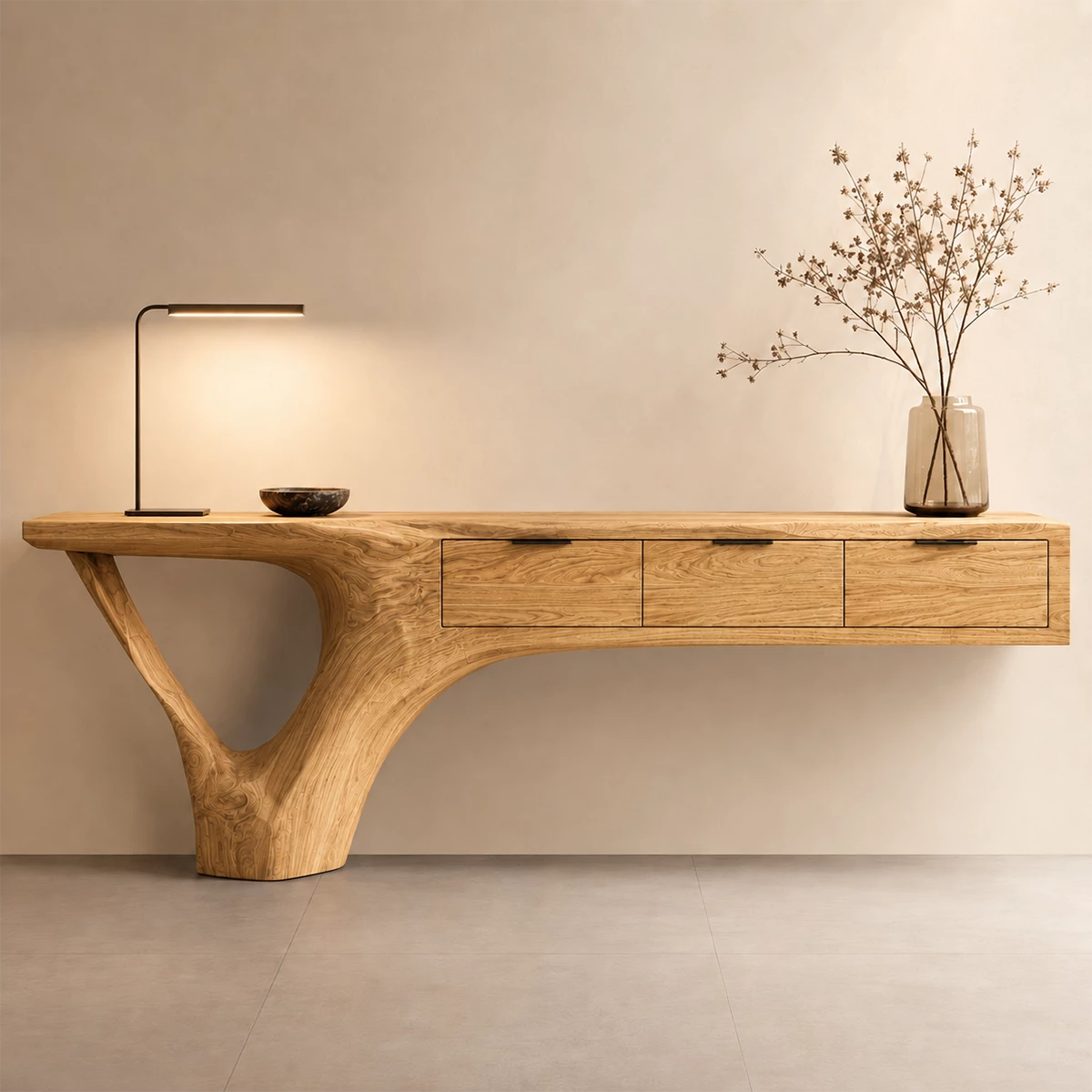 Natural Solid Wood Console Table with Three Drawers Sculptural Cantilever Style