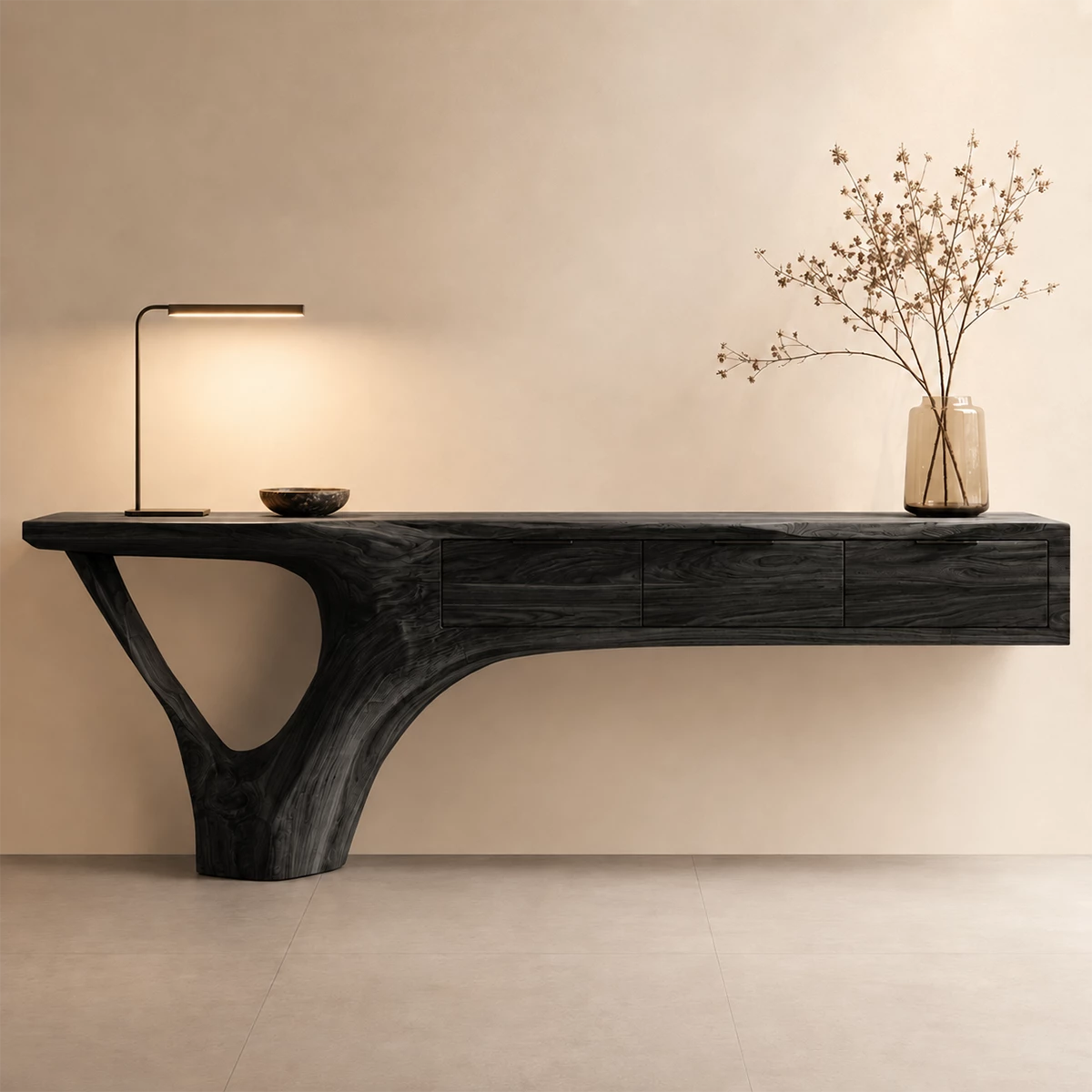 Natural Solid Wood Console Table with Three Drawers Sculptural Cantilever Style