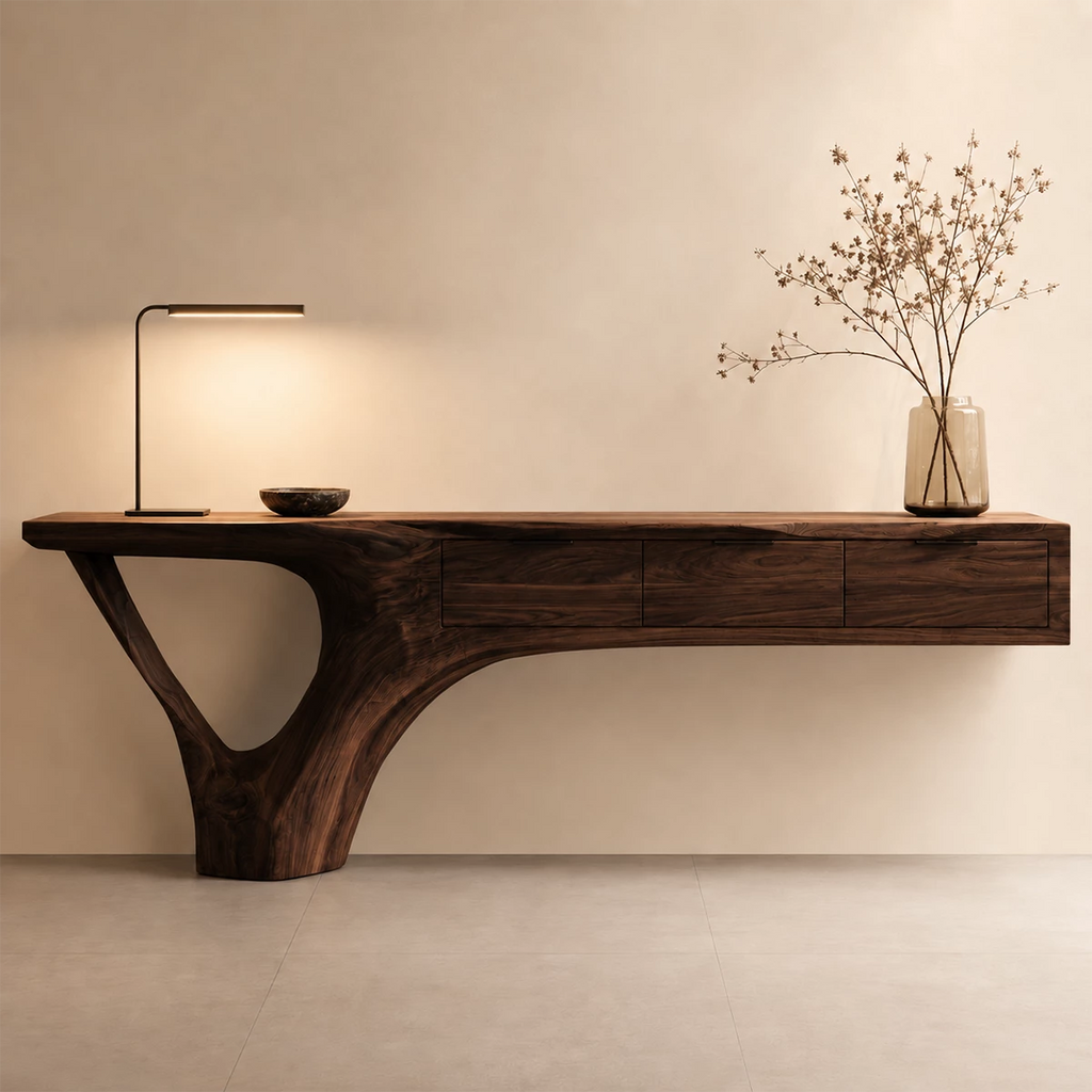 Natural Solid Wood Console Table with Three Drawers Sculptural Cantilever Style
