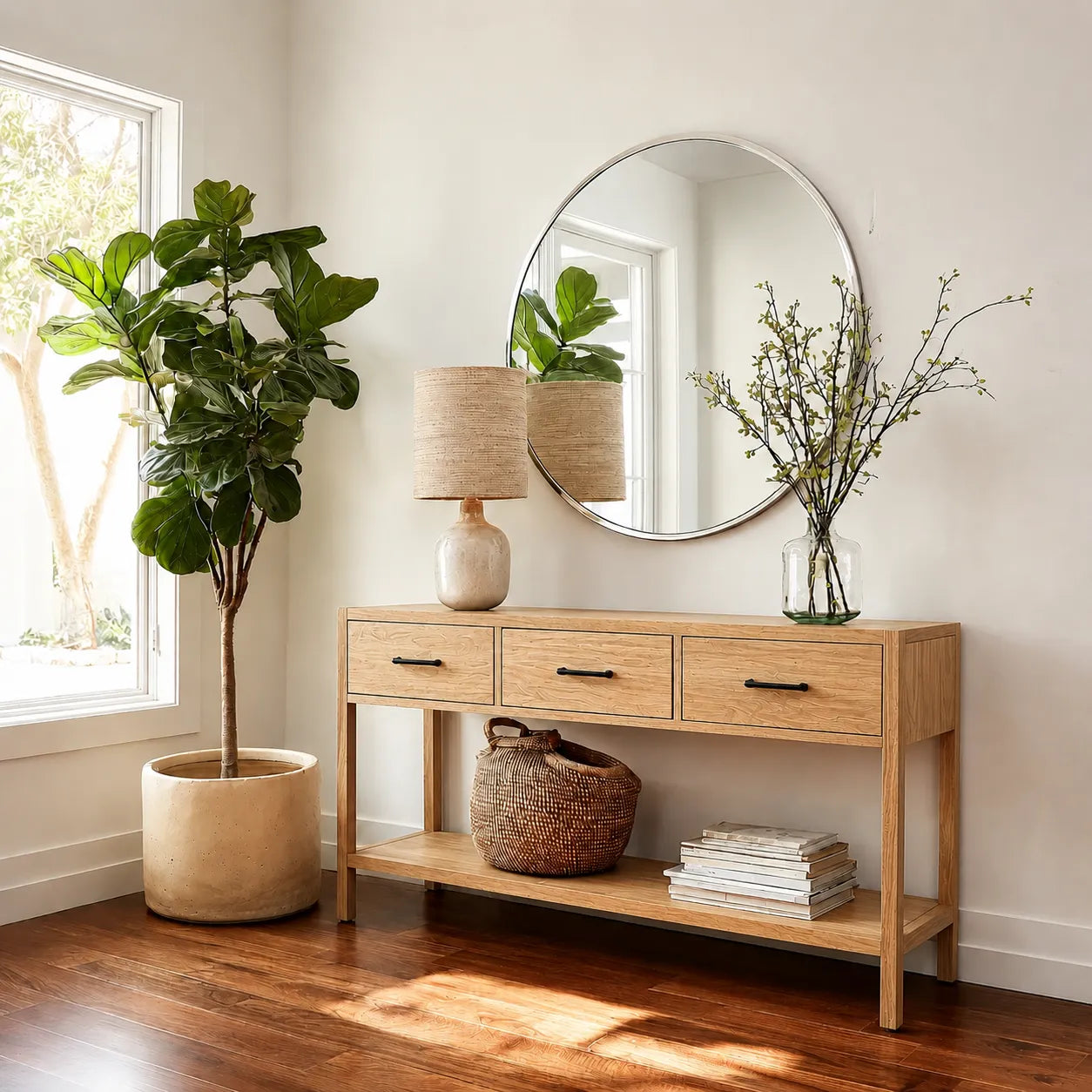 Natural Solid Wood Console Table with 3 Drawers and Open Shelf