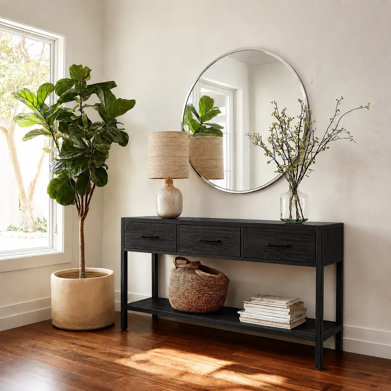 Natural Solid Wood Console Table with 3 Drawers and Open Shelf