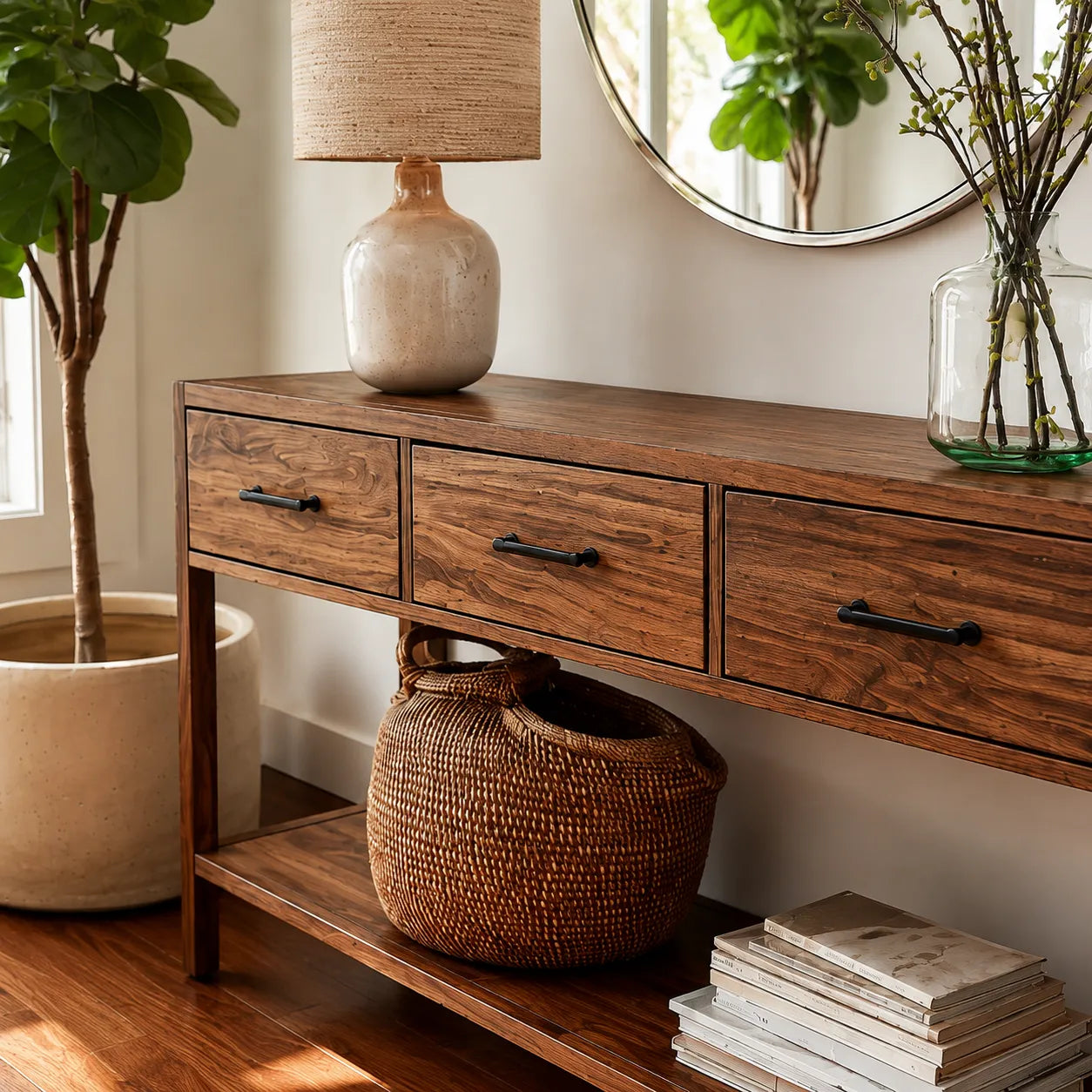 Natural Solid Wood Console Table with 3 Drawers and Open Shelf