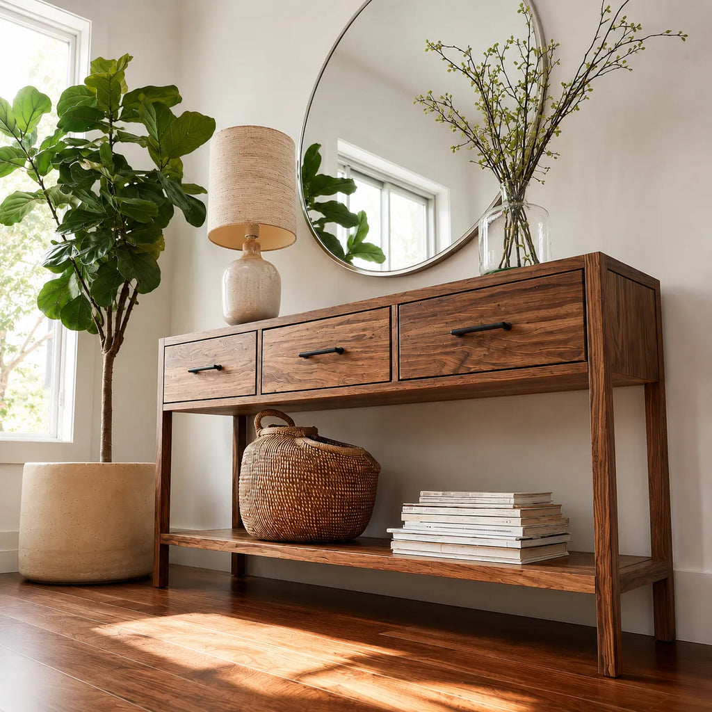 Natural Solid Wood Console Table with 3 Drawers and Open Shelf