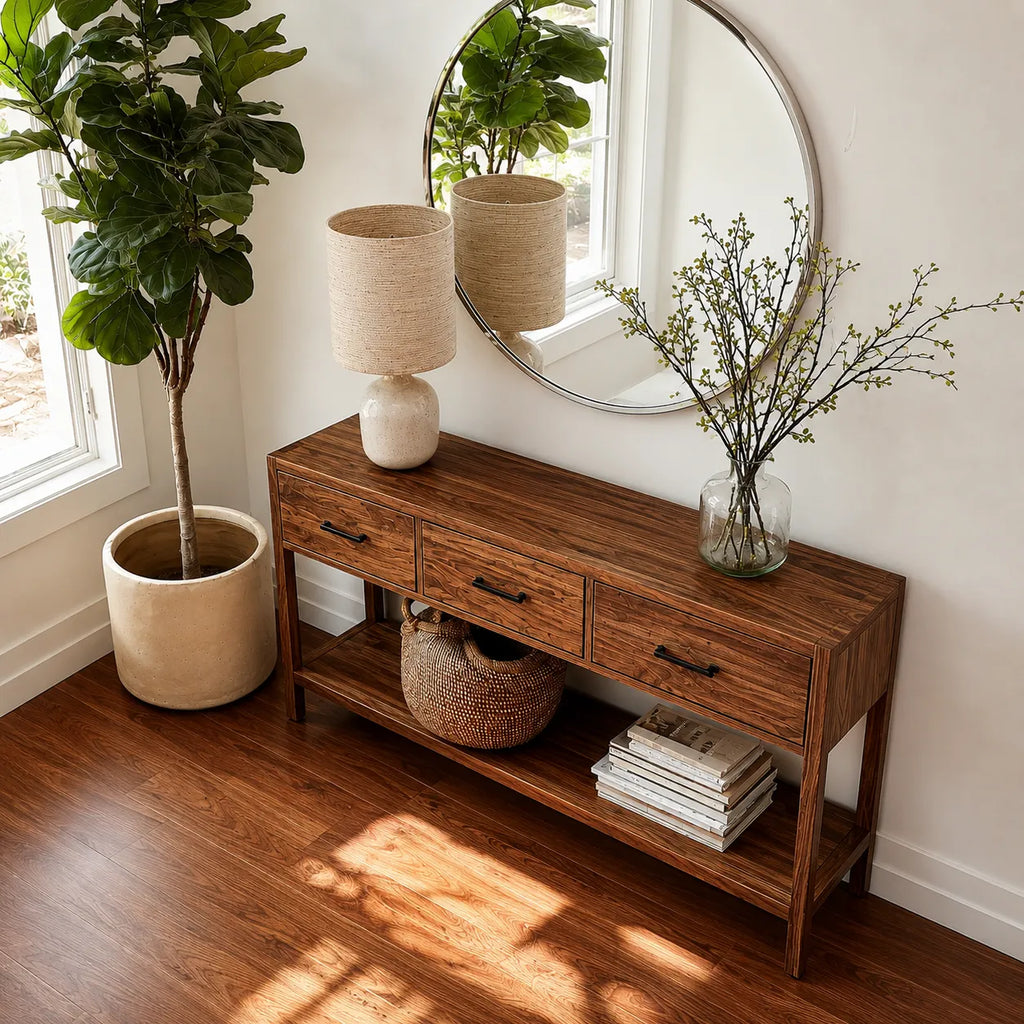 Natural Solid Wood Console Table with 3 Drawers and Open Shelf