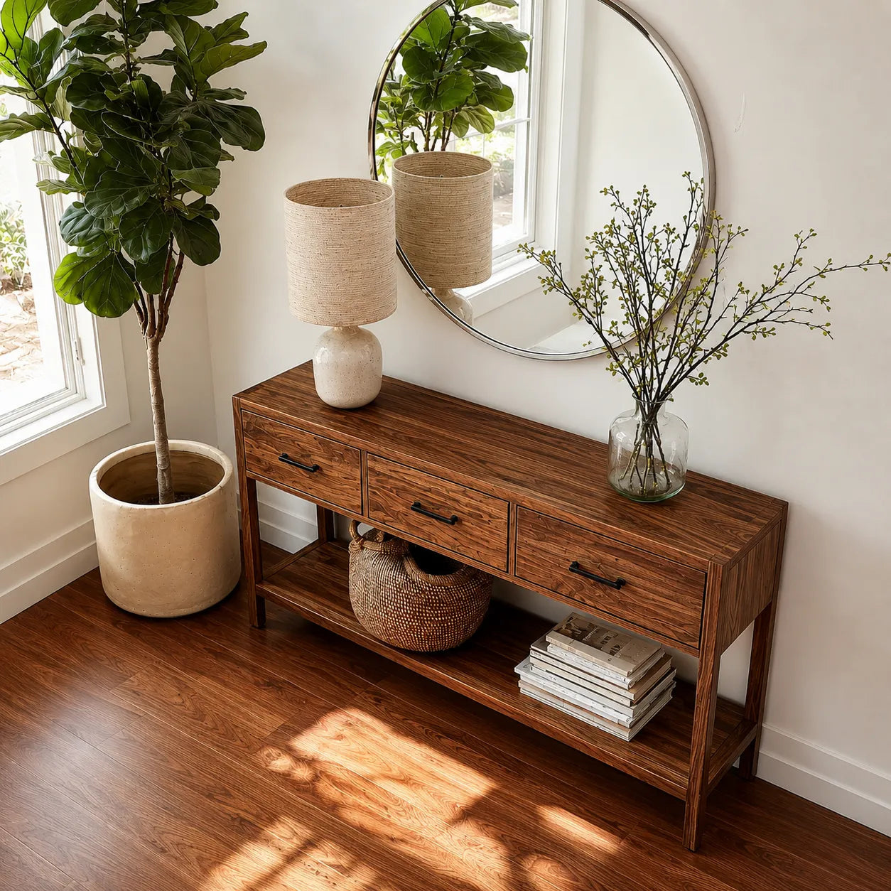 Natural Solid Wood Console Table with 3 Drawers and Open Shelf
