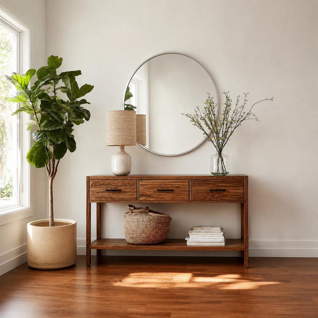 Natural Solid Wood Console Table with 3 Drawers and Open Shelf