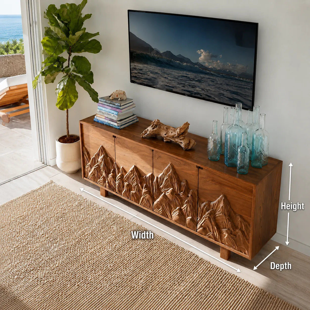 Mountain Carved Natural Solid Wood TV Stand with Hidden Storage